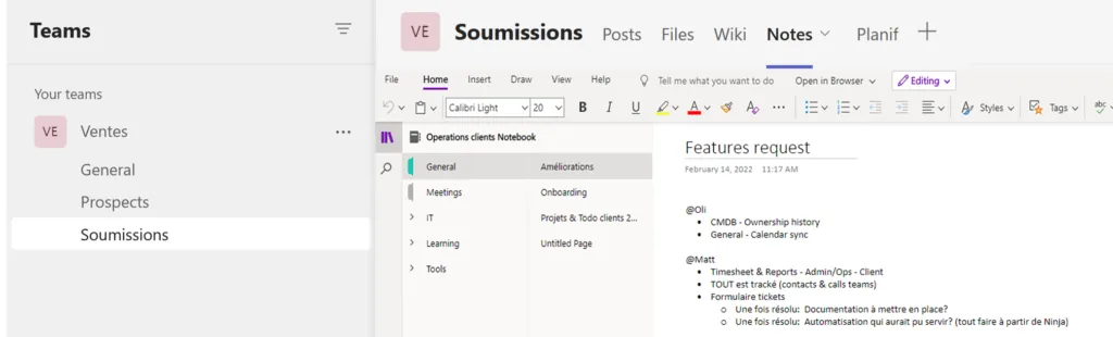 onenote dans un onglet teams